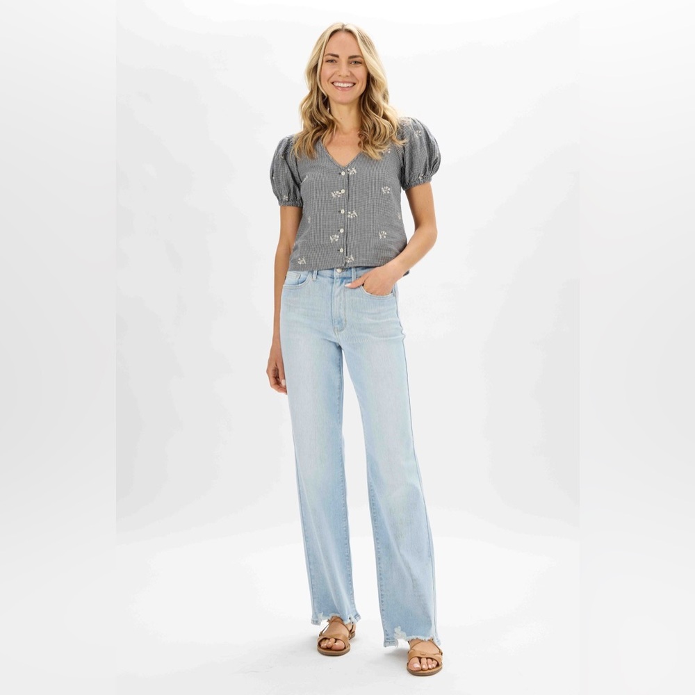 New judy blue high waist destroy hem straight leg jeans light wash JB82445REG LT